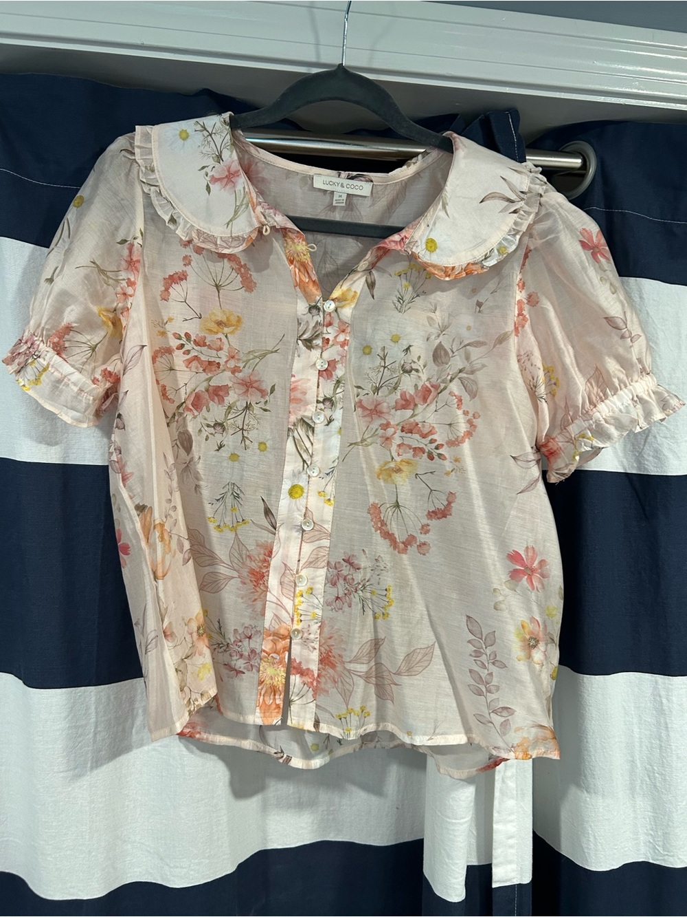 Light Pink Floral Ruffle-Collar Blouse